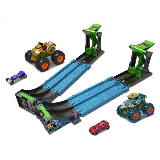Hot Wheels Monster Trucks Roarin Rumble bilbane - 4 biler og 4 ulike byggemuligheter
