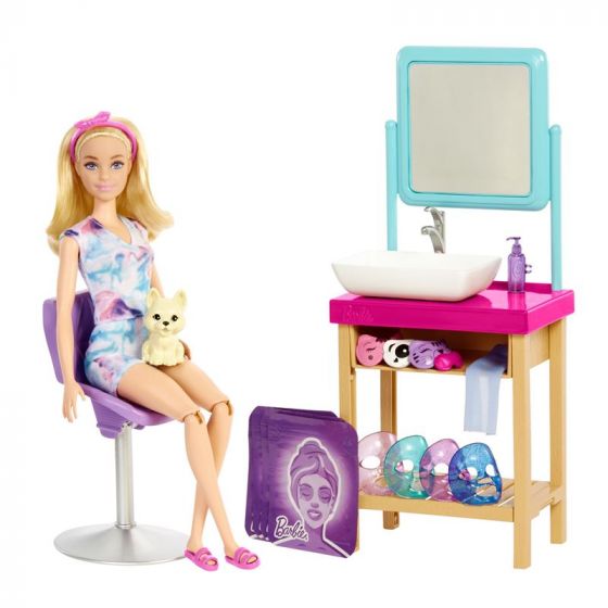 Barbie Wellness Sparkle Mask Spa Day - velvære lekesett med spautstyr, dukke og valp
