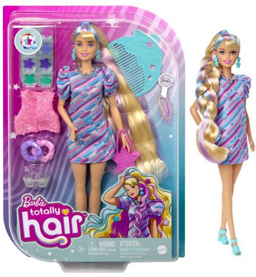 Barbie Totally Hair Doll - dukke med stjerne-tema og 21 cm lang hår - 15 tilbehør