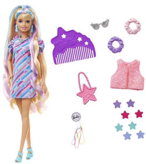 Barbie Totally Hair Doll - dukke med stjerne-tema og 21 cm lang hår - 15 tilbehør