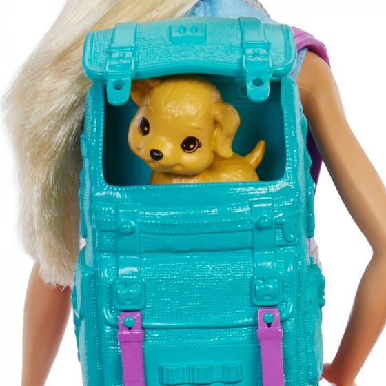 Barbie Camping lekesett - blond dukke med turutstyr, sekk, sovepose og valp