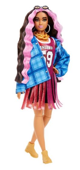 Barbie Extra dukke #13 med 15 tilbehør - brunette med rosa striper og malibu-skjorte og hund