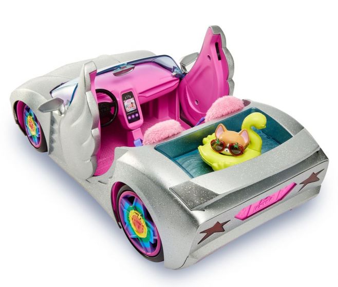 Barbie Extra bil - sporty glitrende sølv cabriolet med vingedører - med kjæledyr og tilbehør