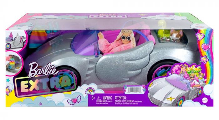 Barbie Extra bil - sporty glitrende sølv cabriolet med vingedører - med kjæledyr og tilbehør