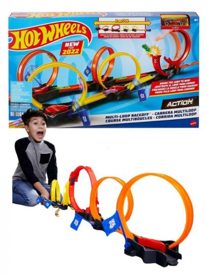 Hot Wheels Action Multi Loop Race-off bilbana med en leksaksbil - 5 loopar och upp till 2 meter lång