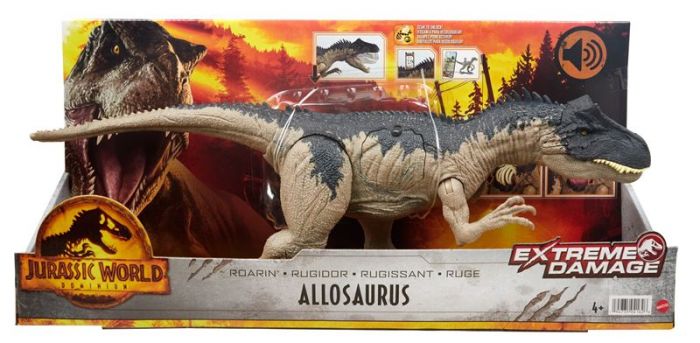 Jurassic World Dominion Extreme Damage Roarin' Allosaurus - interaktiv dinosaur med lyd og bevegelse - 45 cm