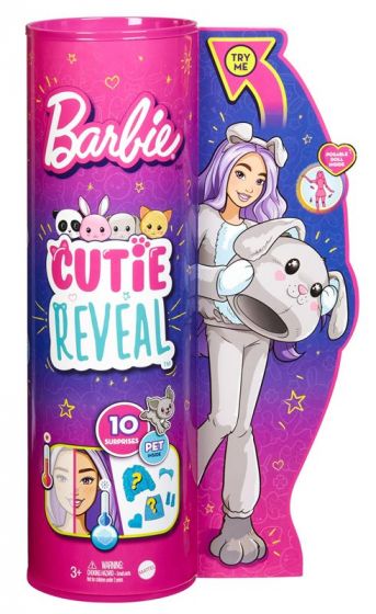 Barbie Cutie Reveal Puppy - kostymedukke med grått hundekostyme og kjæledyr - 10 overraskelser