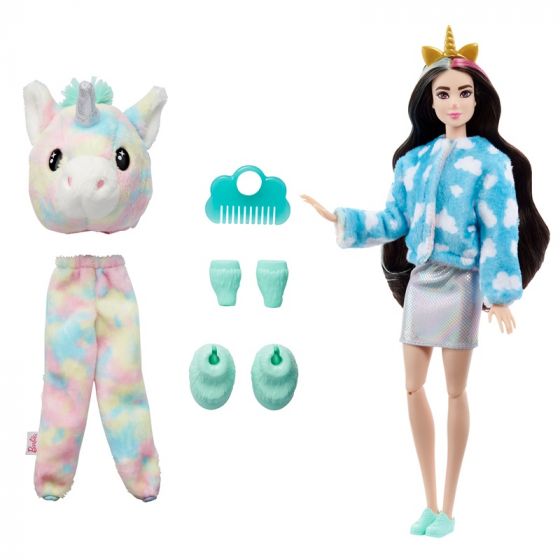 Barbie Cutie Reveal Dreamland fantasy Unicorn - kostymedukke med rosa og turkis enhjørningkostyme og kjæledyr - 10 overraskelser