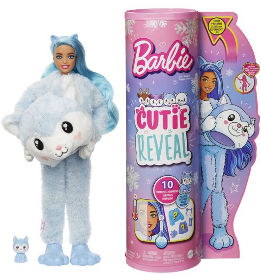 Barbie Cutie Reveal Snowflake Sparkle Husky - docka med blå och vit huskydräkt och husdjur - 10 överraskningar