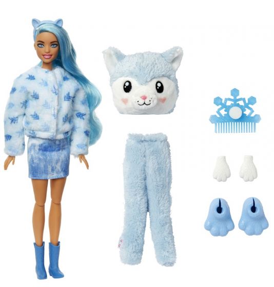 Barbie Cutie Reveal Snowflake Sparkle Husky - docka med blå och vit huskydräkt och husdjur - 10 överraskningar