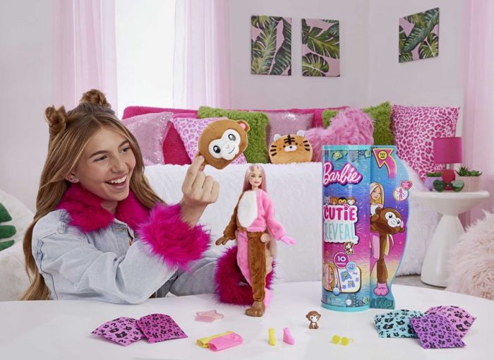 Barbie Cutie Reveal Jungle Series Monkey - docka med rosa och brun maskeraddräkt apa
