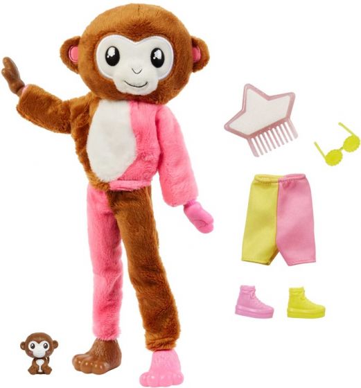Barbie Cutie Reveal Monkey - Jungle Series dukke med brunt og rosa apekostyme