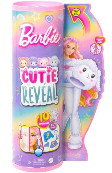 Barbie Cutie Reveal Lamb - Cozy Cute Tees docka med vit lammdräkt och husdjur - 10 överraskningar