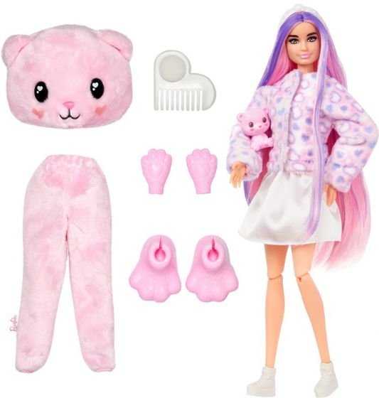Barbie Cutie Reveal Teddy - Cozy Cute Tees dukke med rosa bamsekostyme og kjæledyr - 10 overraskelser
