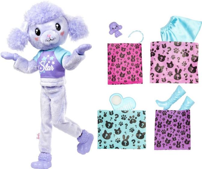 Barbie Cutie Reveal Puddel dukke med lilla hundekostume og kæledyr - 10 overraskelser