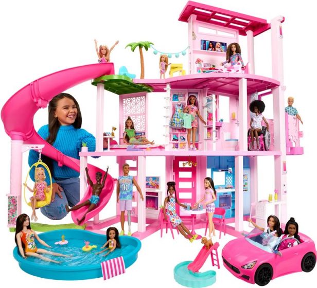 Barbie Dreamhouse dukkehus med 3 etasjer, sklie, møbler og tilbehør