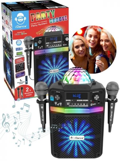 iDance Party Groove 9-i-1 karaokehögtalare med fjärrkontroll, två mikrofoner och discoljus