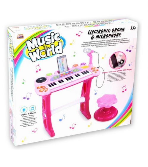 Keyboard med mikrofon og krakk - morsomme lyder og tangenter - rosa og hvit