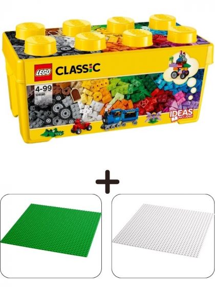 LEGO Classic Pakke: Boks med 484 klosser 10696 + Grønn basisplate 11023 + Hvit basisplate 11026