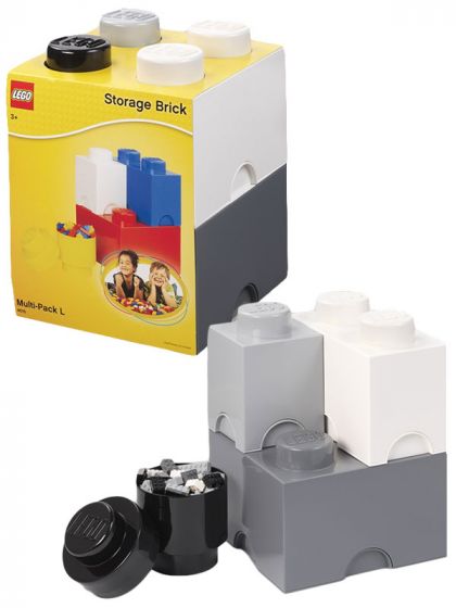 LEGO Storage Brick multi-pack - 4 olika förvaringsklossar - black, grey, dark grey, white