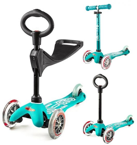 Micro Mini 3in1 Deluxe Aqua sparkesykkel med tre hjul - med avtagbart sete og barnehåndtak - turkis