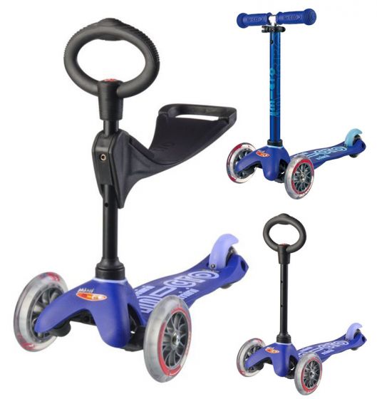 Micro Mini 3in1 Deluxe Blue sparkesykkel med tre hjul - med avtagbart sete og barnehåndtak - blå