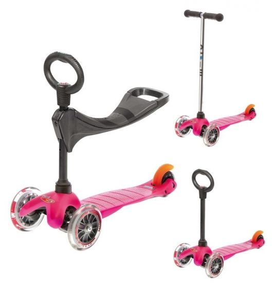 Micro Mini 3in1 Pink sparkesykkel med tre hjul - med avtagbart sete og barnehåndtak - rosa