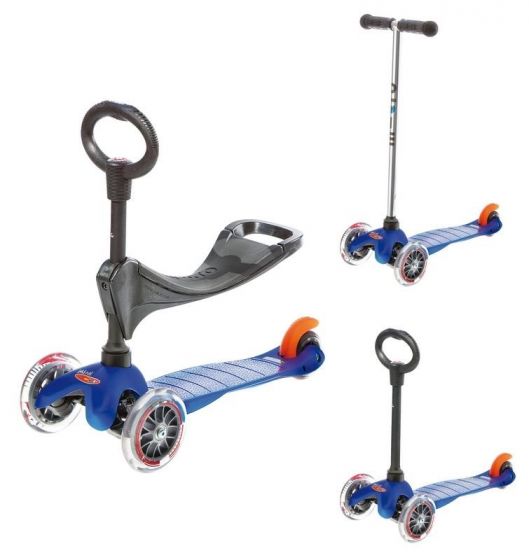Micro Mini 3in1 Blue løbehjul med 3 hjul - med aftageligt sæde og barnehåndtag - blå
