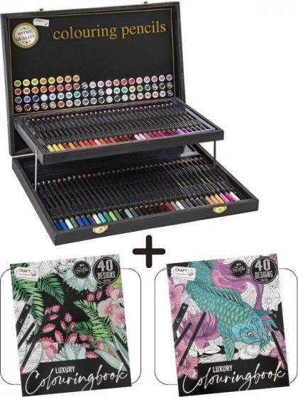 Tegnepakke: Tegnekoffert med fargeleggingsblyanter + 2 malebøker for voksne