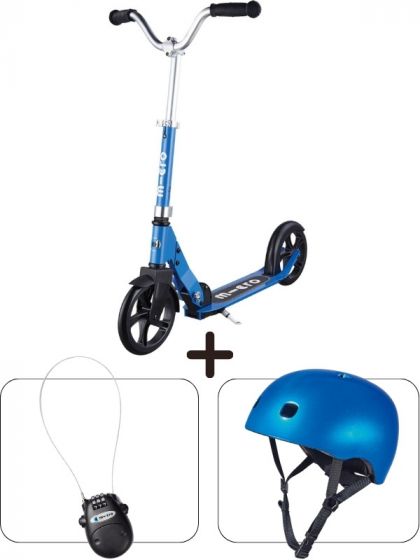 Micro sparkesykkelpakke blå: Sparkesykkel + Sykkellås + Hjelm