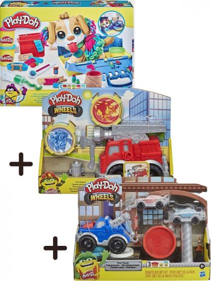 Play Doh hobbypakke: Veterinærsett + Brannbil + Tauebil