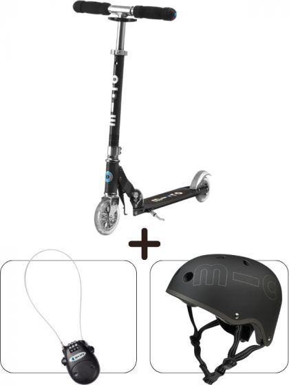 Micro sparkesykkelpakke sort: Sparkesykkel 2 hjul + Kodelås + Hjelm