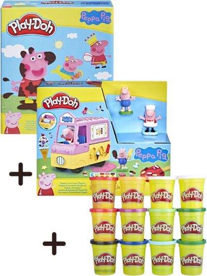 Play Doh hobbypakke: Peppa Gris lekesett + Peppa Gris isbil-sett + 12-pakning leire