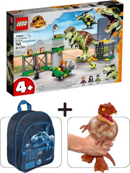 Jurassic World pakke: LEGO 76944 + Ryggsekk + Goo Jit Zu T-rex actionfigur