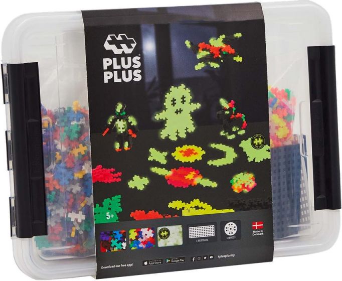 Plus Plus Build and Glow Storage Box - stor byggsats med självlysande delar och förvaringslåda -  2000 bitar 