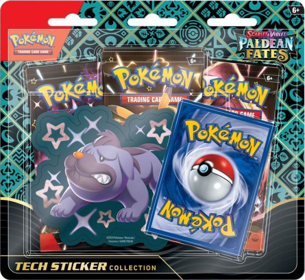 Pokemon TCG: Scarlet and Violet 4.5 Paldean Fates Tech Sticker Blister Maschiff - 3 boosterpaket och klistermärke