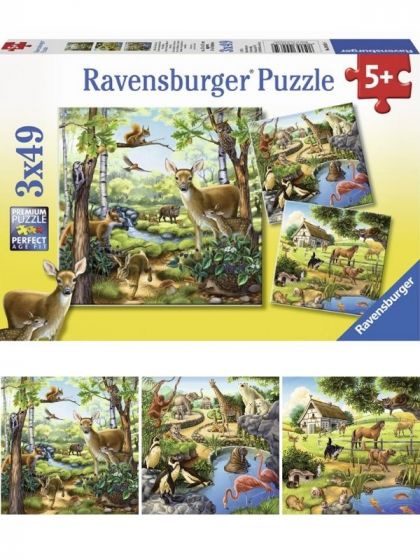 Ravensburger puslespill 3x49 brikker - dyrene fra gården, skogen og savannen