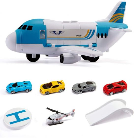 Fly-lekesett med 4 lekebiler og 1 helikopter