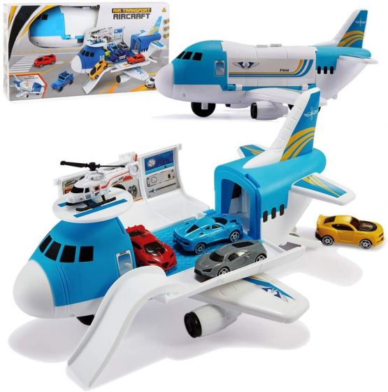 Fly-lekesett med 4 lekebiler og 1 helikopter