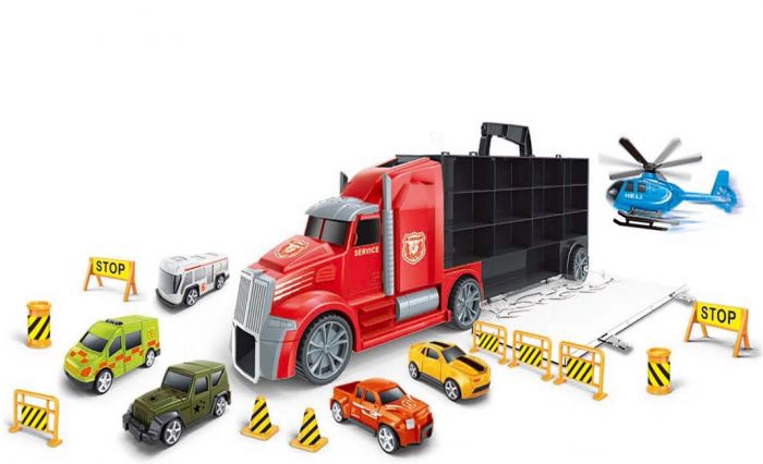 Rød transporter lastebil med 6 kjøretøy og tilbehør - 54 cm lang