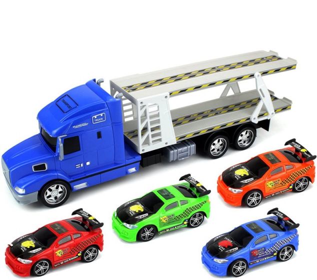 Friksjonsdrevet transporter lastebil i blå med 4 lekebiler - 51 cm lang