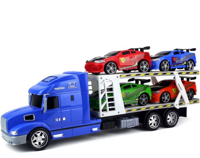 Friksjonsdrevet transporter lastebil i blå med 4 lekebiler - 51 cm lang