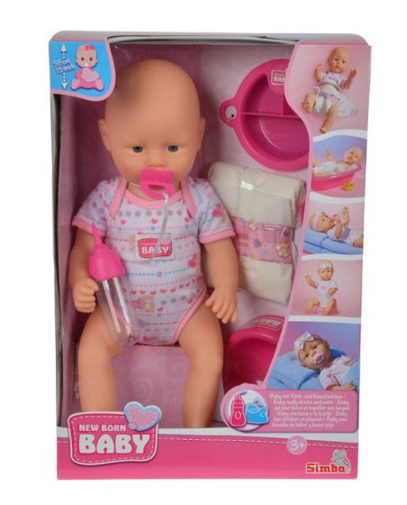 New Born Baby dukke som drikker og tisser - med tilbehør - 38 cm