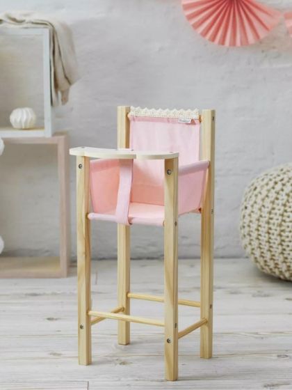 Skrållan dukkestol i tre og rosa stoff - dukketilbehør til dukker opp til 45 cm