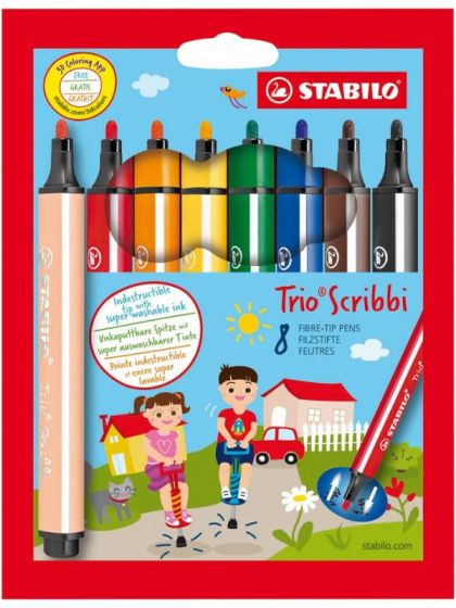 STABILO Scribbi - 8 tuschpennor med tvättbart bläck och fjädrande spets