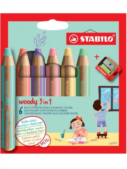 STABILO Woody 3-i-1 Pastel - 6 färgpennor - rita på glas och papper