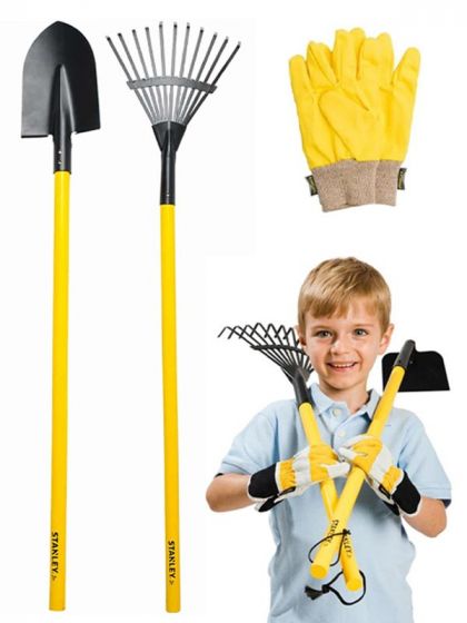 Stanley hageredskaper i metall til barn - rake, spade og hansker