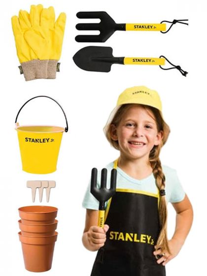 Stanley stort hagesett til barn - hansker, spade, lukeklo, bøtte, potter og markører - gul