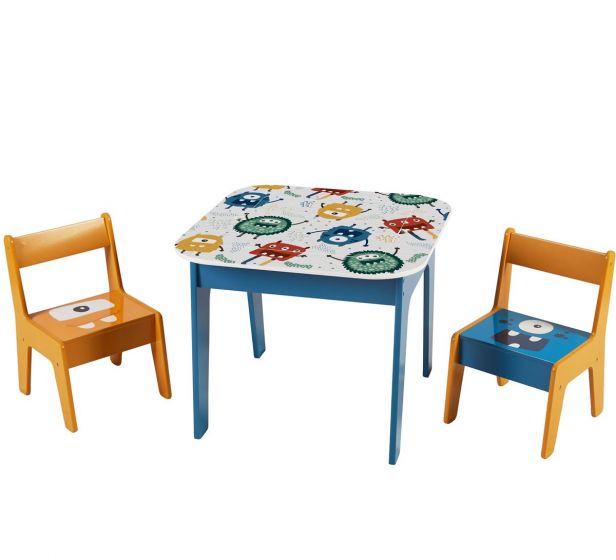 Lekebord i tre med to stoler - integrerte byggeplater til store byggeklosser - oppbevaringsrom under platene