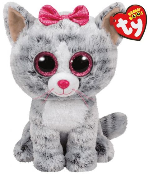 Ty Beanie Boos Kiki kosebamse medium - gråstripete katt med rosa øyne og sløyfe - 23 cm